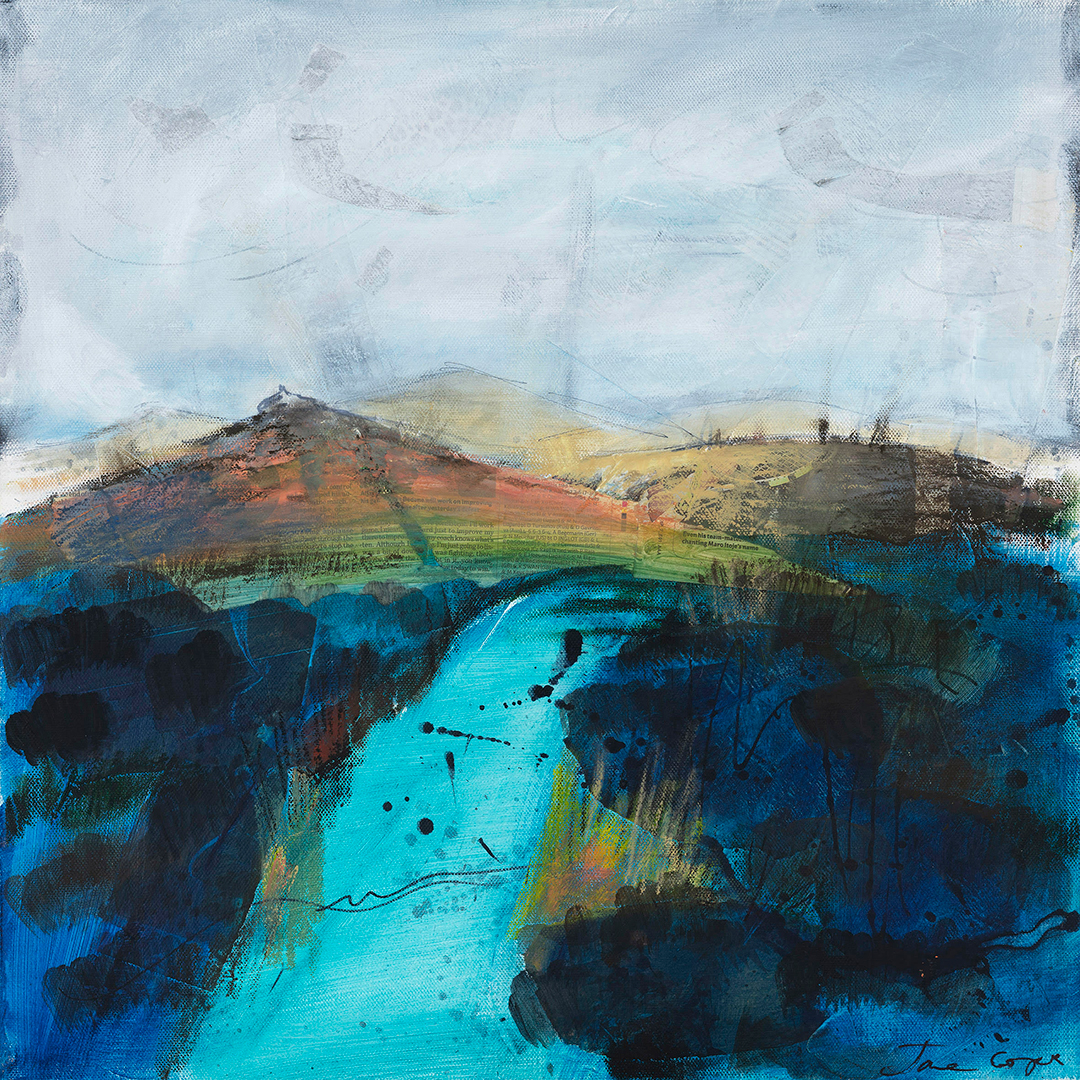 ‘Dartmoor Blues’, a painting of a Dartmoor landscape (oil and mixed-media on canvas, 50 cm × 50 cm), with tors rising against a grey-blue sky, green-brown vegetation in the middle distance and a striking bright blue stream and shadows in the foreground. The style is loose, with sketchy lines, bold brush and palette knife strokes, paint and ink splatters. Text from newsprint on layers below shows through in some places. Jane Cope’s signature is in the bottom-right corner.