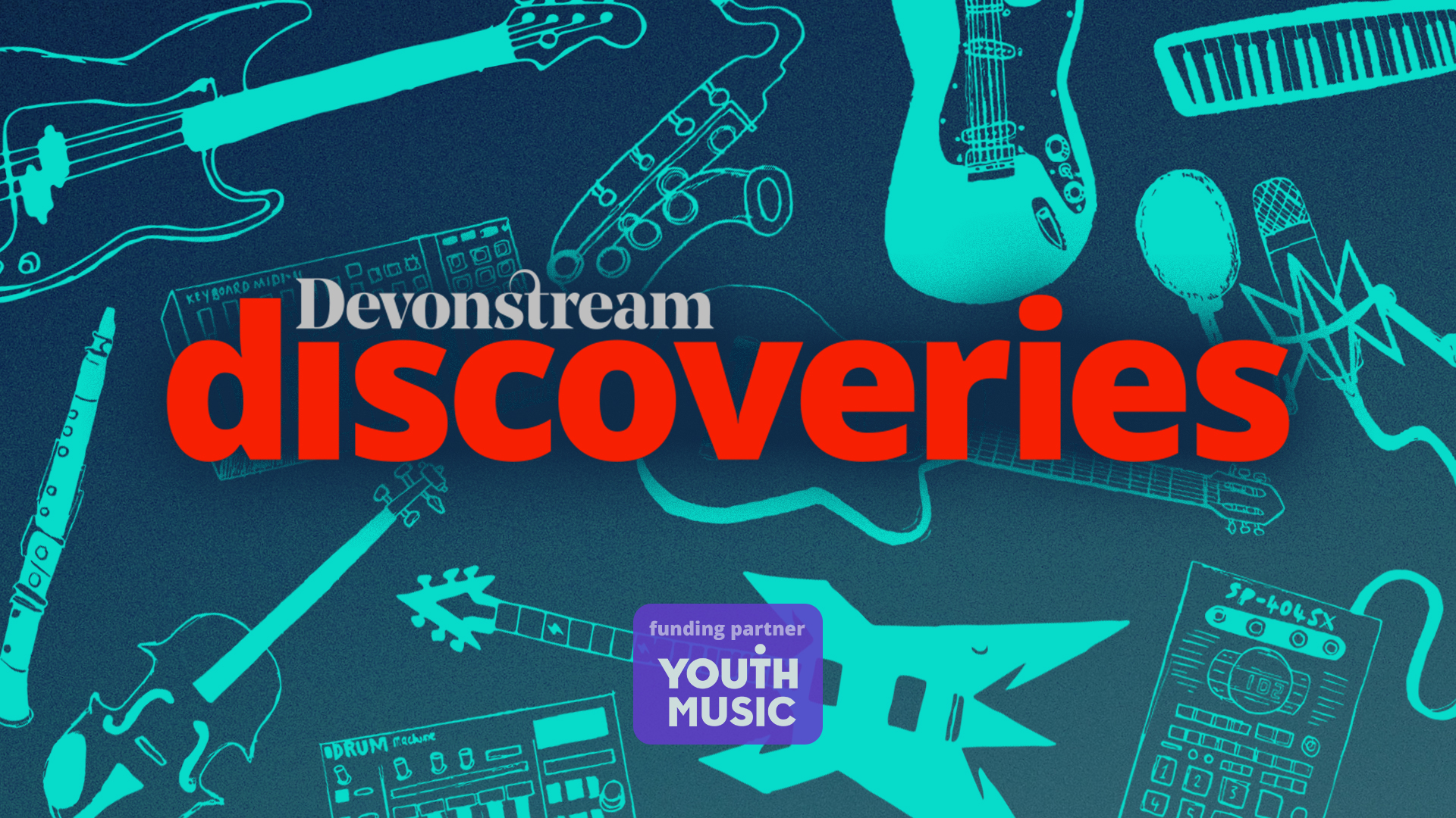 Bright blue hand-drawn illustrations of various musical instruments animated on a dark blue gradient background. The Devonstream Discoveries logo in orange and Youth Music logo in purple overlaid.